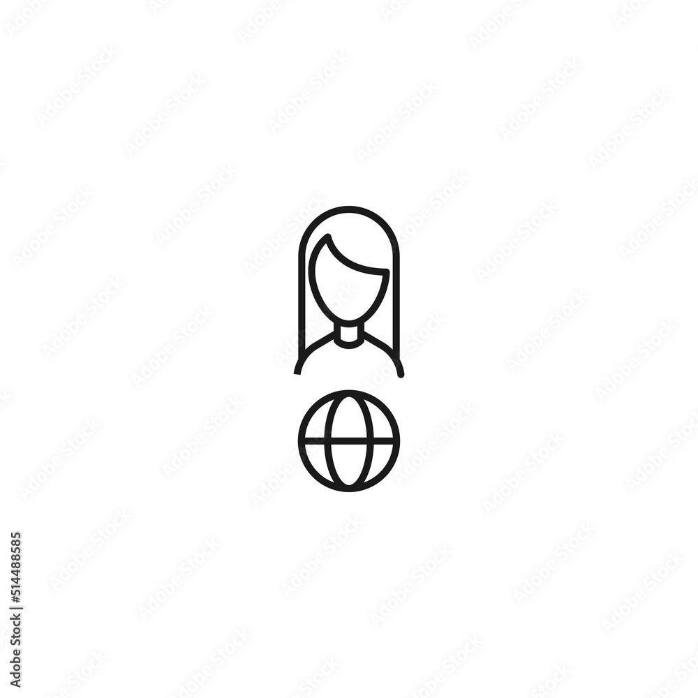Vector signs drawn in flat style with thin black line. Editable stroke. Suitable for adverts, books, articles, banners. Line icon of Earth planet next to faceless woman