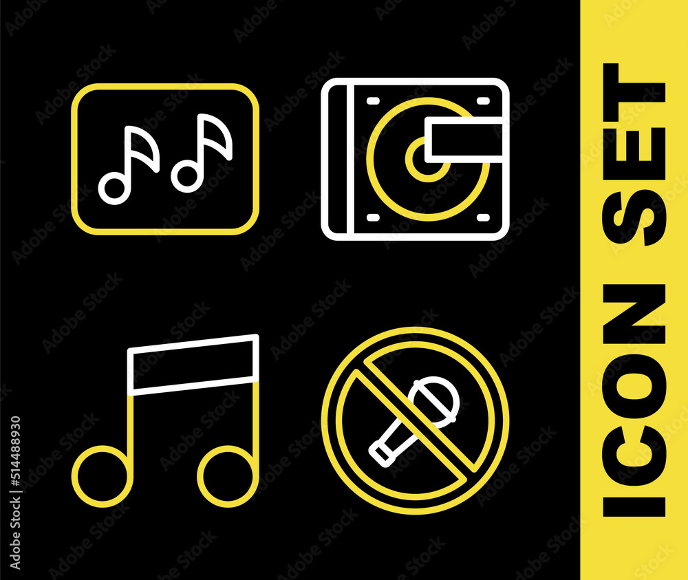 Set line Vinyl player with vinyl disk, Mute microphone, Music note, tone and icon. Vector Set line Vinyl player with vinyl disk, Mute microphone, Music note, tone and icon. Vector