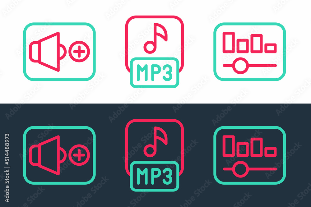 Set line Music equalizer, Speaker volume and MP3 file icon. Vector Set line Music equalizer, Speaker volume and MP3 file icon. Vector