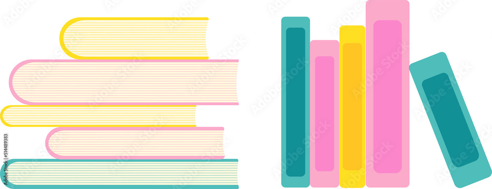 Books set in flat design, vector illustration in pink, blue and yellow colors. Books set in flat design, vector illustration in pink, blue and yellow colors.