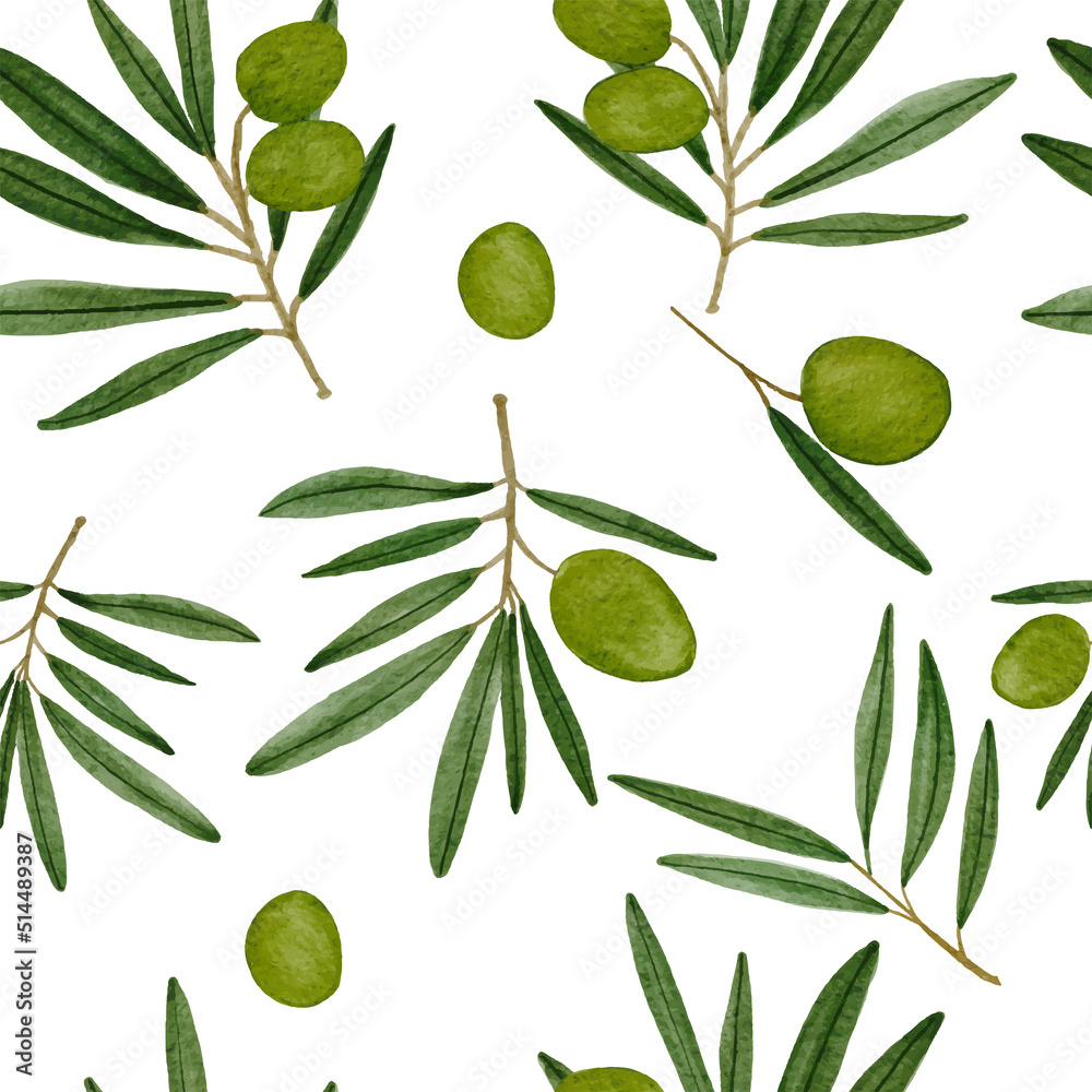 Hand Drawing Watercolor Green Olive Branch Seamless Pattern. Nature Organic Olive Art for fabric, textile, surface, backdrop, print, wrapping paper. Vector Illustration