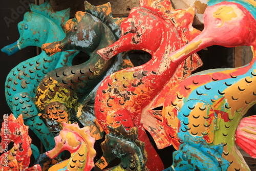 A display of metal seahorses all in bright vibrant colours, Corsica, France