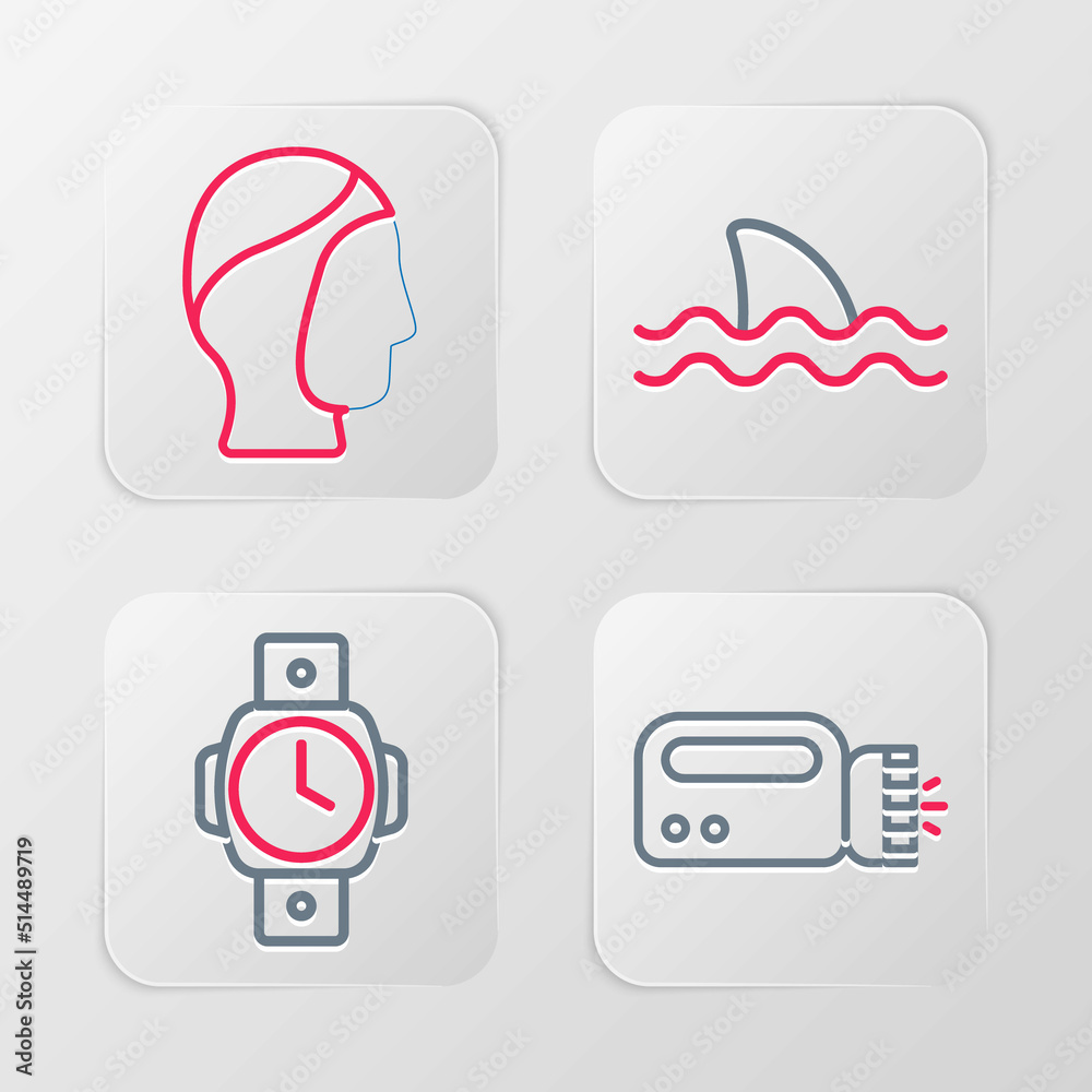 Set line Flashlight for diver, Diving watch, Shark and hood icon. Vector Set line Flashlight for diver, Diving watch, Shark and hood icon. Vector