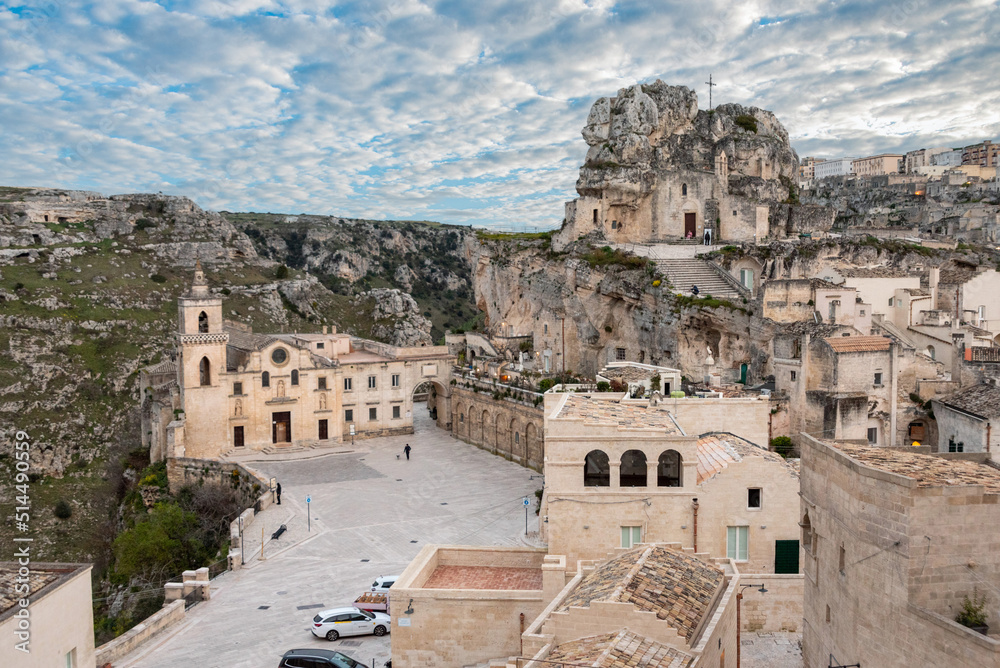 View of churches of Saint Mary of Idris and Saint Peter Caveoso in historic downtown Matera, Italy