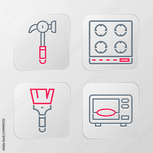 Set line Microwave oven  Paint brush  Gas stove and Hammer icon. Vector