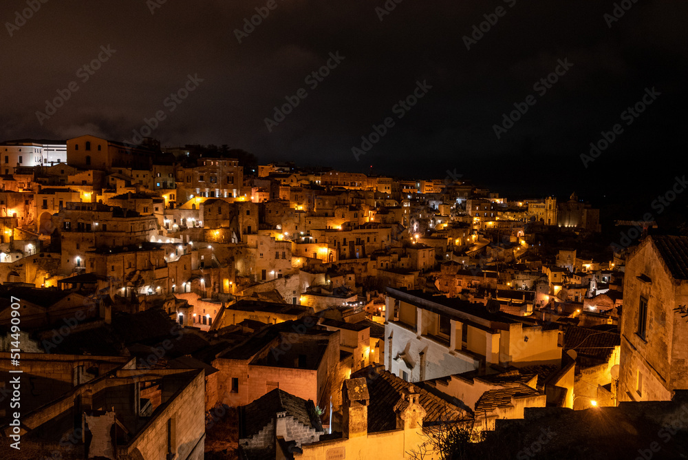 Scenic skyline of Sassi di Matera at night, Southern Italy Scenic skyline of Sassi di Matera at night, Southern Italy