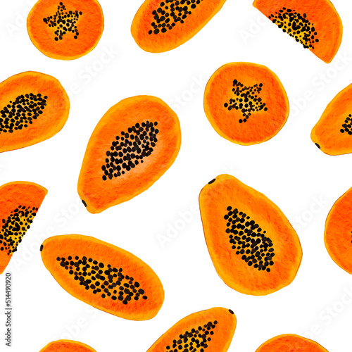 Watercolour Tropical Papaya design Seamless Pattern on white background. Hand Drawing repeat Pear Fruit   full and cut  green branch leaves. Vector Illustration