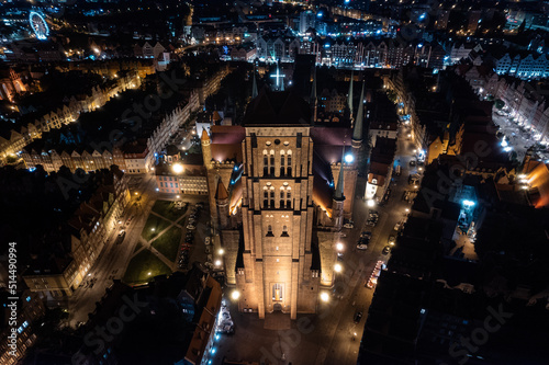 St. Mary's Basilica of the assumption in Gdansk at night from a height