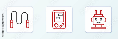 Set line Robot toy, Jump rope and Tetris electronic game icon. Vector
