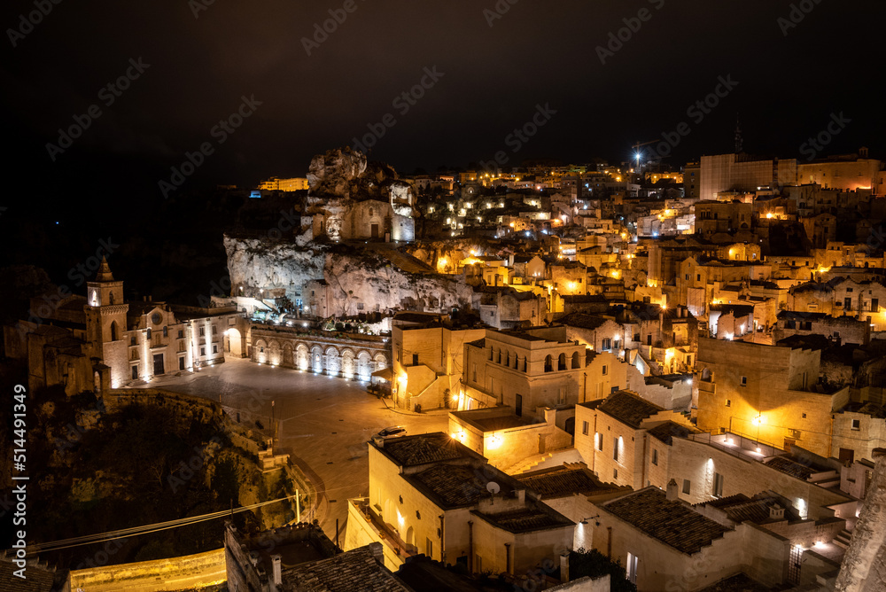 Famous church of Saint Peter Caveoso in Matera at night, Italy