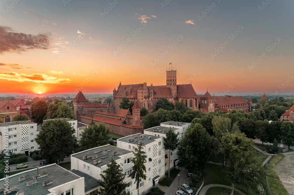 Evening panorama of the castle in Malbork from a height