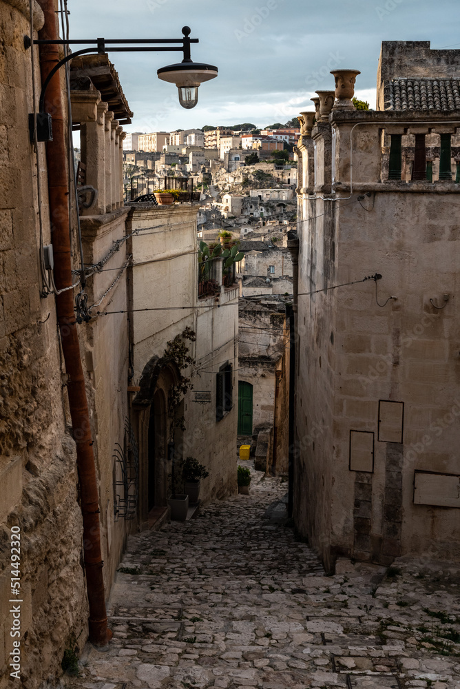 Ancient medieval alleyway somewhere in the historic town of Matera, Southern Italy