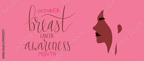 October Breast Cancer Awareness Month campaign web banner. Hispanic woman illustration. Handwritten lettering vector