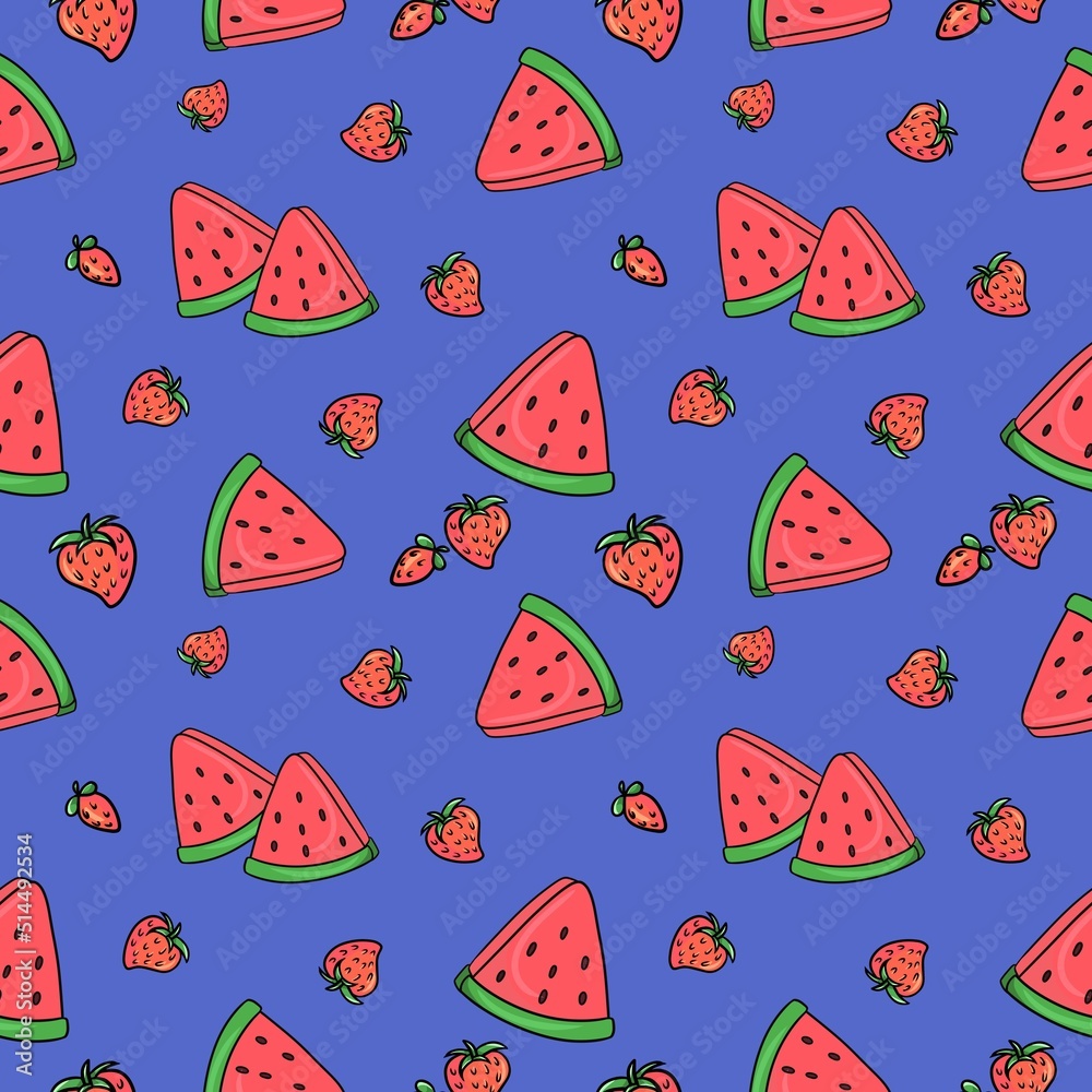 Bright print, Sweet strawberries and a bright red piece of watermelon, sweet juicy dessert, seamless square pattern