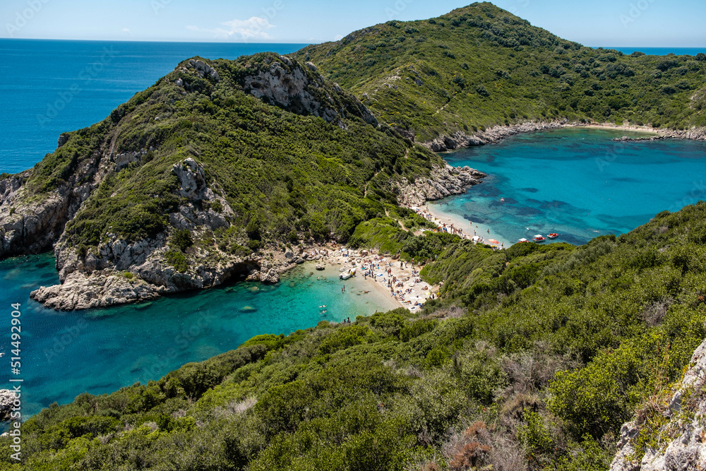 Fototapeta premium top down view on Porto Timoni beach in corfu, Greece with turquoise water