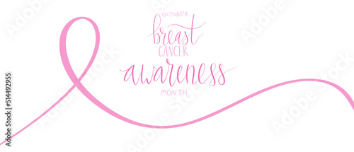 October Breast Cancer Awareness Month campaign web banner with ribbon. Handwritten lettering vector