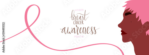 October Breast Cancer Awareness Month campaign web banner. Hispanic woman illustration. Handwritten lettering vector