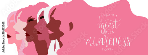 October Breast Cancer Awareness Month campaign web banner. Multiethnic diverse women group illustration. Handwritten lettering vector
