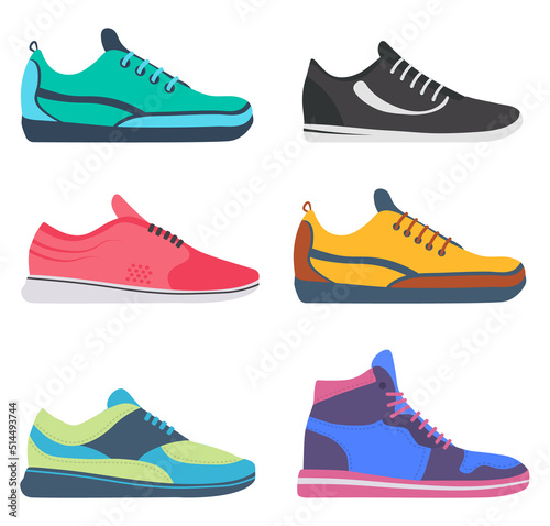 Sportwear sneakers, shoes, footwear in flat style