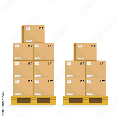 Boxes on wooded pallet illustration, flat style warehouse cardboard parcel boxes stack front view image Box on pallet in warehouse. Cardboard boxes in front on wooden palettes. Icon of delivery
