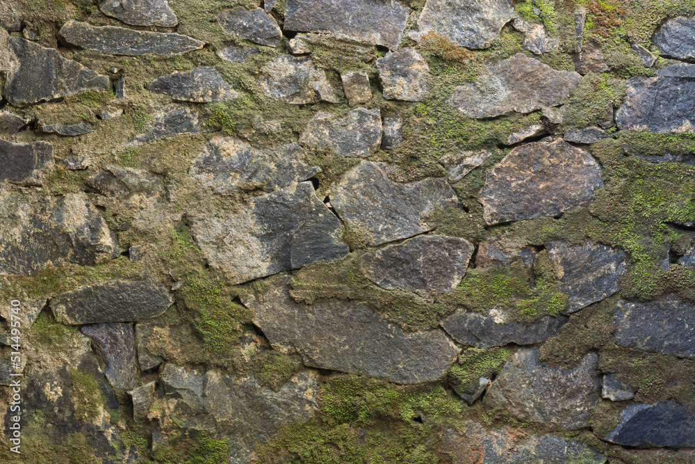 section of a stone wall surface built with cement and covered with green moss, closeup of retaining wall background abstract
