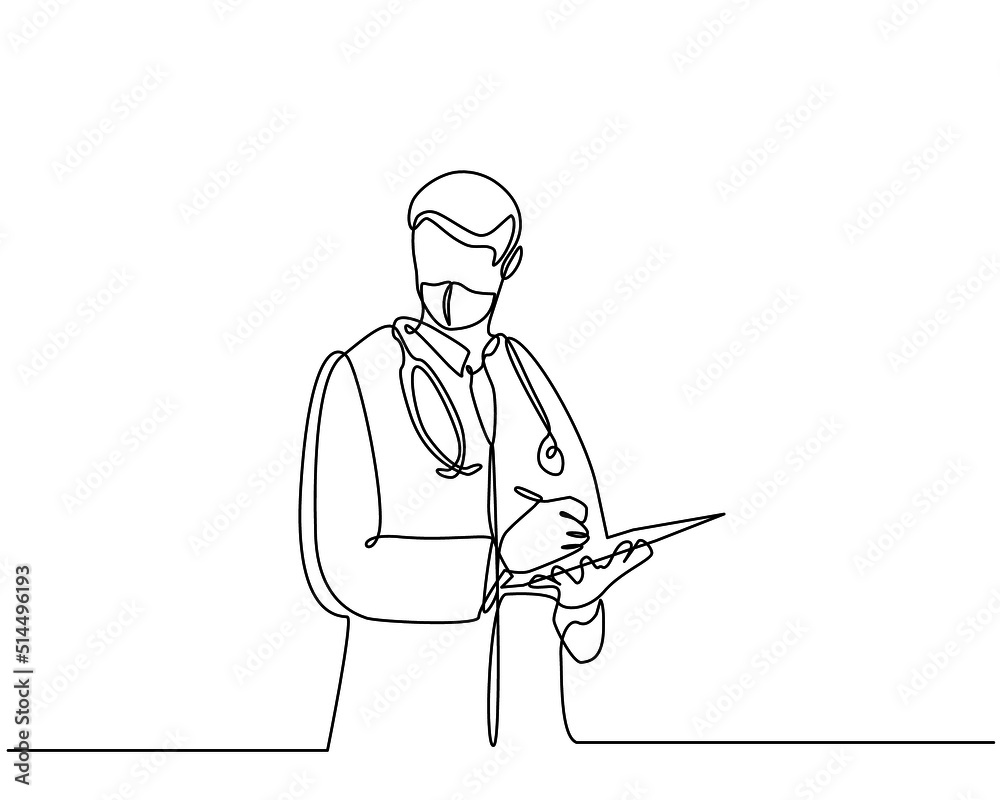 Obraz premium Continuous line drawing of a doctor character with a stethoscope and clipboard. concept of doctor giving advice. Professional consultation and recommendation in doodle style