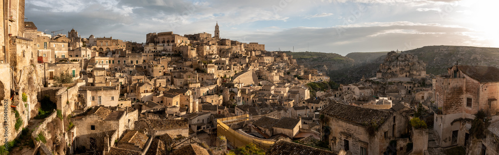 Scenic cityscape of historic downtown Matera in the evening, Southern Italy