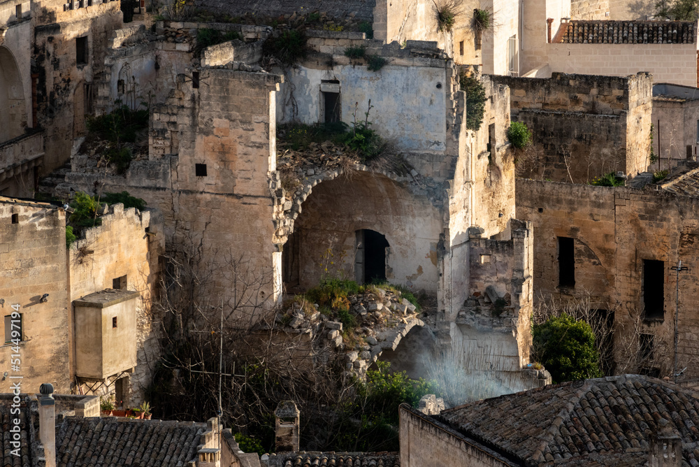 Abandoned ruins of residential cave houses in downtown Matera, Italy
