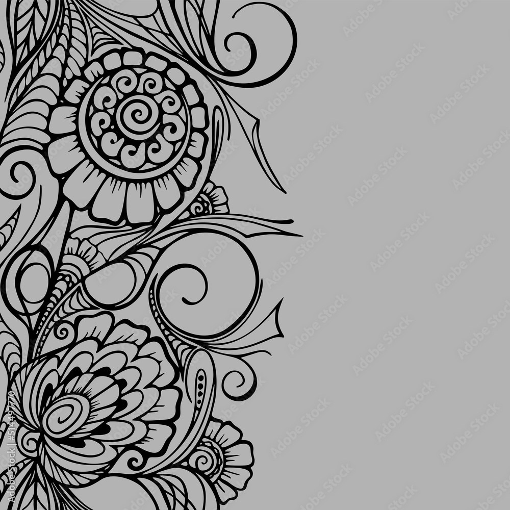 seamless repeat oriental border, outline black floral pattern on gray background, texture, frame seamless repeat oriental border, outline black floral pattern on gray background, texture, frame