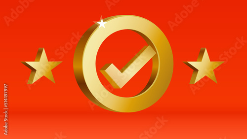Golden checked mark on orange background, achievement concept, vector illustration