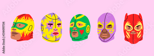 Various Lucha libre masks. Luchador colorful head set. Traditional Mexican wrestling masks. Luchadores Heroes. Hand drawn modern Vector illustration. Every head is isolated. Cartoon style