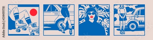 Stylish women wearing trendy fashion clothes. Girl stands near car. Ladies with retro skates and headphones. Set of four blue and red Hand drawn Vector illustrations. Poster, print, logo templates