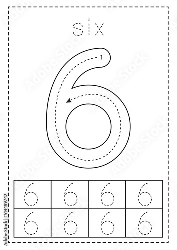 Tracing number six. Preschool worksheet. Black and white.