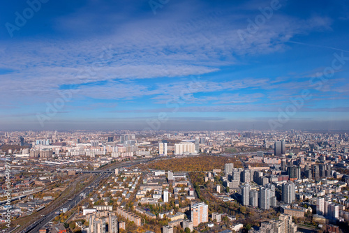 Aerial view of the north of Moscow from the observation deck in Moscow City on a sunny autumn day