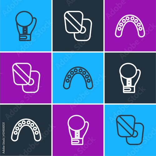 Set line Boxing glove, Mouth guard boxer and training paws icon. Vector
