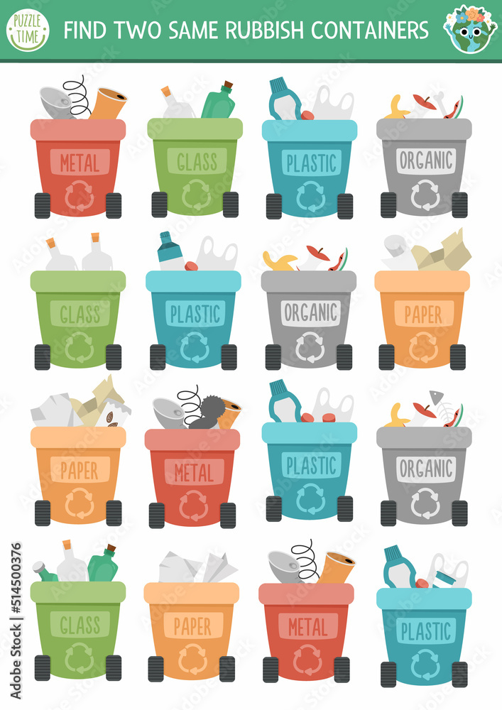 Rubish Container Graphics Find two same rubbish containers. Ecological matching activity for ...