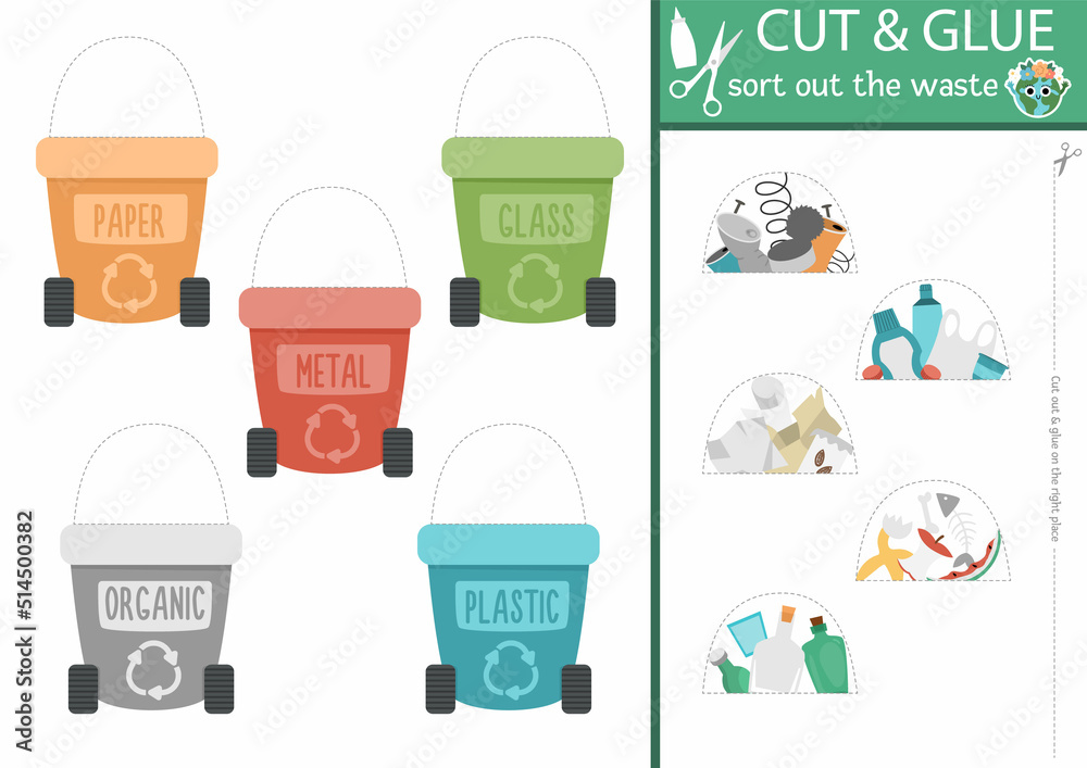 Vector ecological cut and glue activity. Crafting game with rubbish