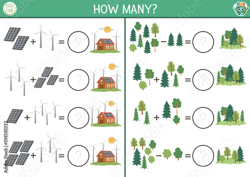 How many trees, wind turbines and solar panels game. Ecological house math addition activity for preschool children. Simple eco earth day printable counting worksheet for kids.