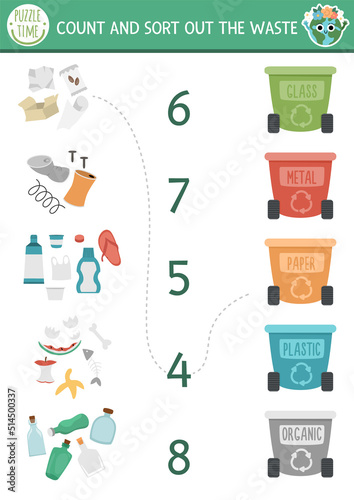 Match the numbers ecological game with garbage, rubbish bins. Zero waste math activity for preschool kids. Eco awareness educational counting worksheet with waste sorting concept.