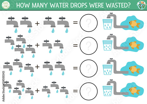 How many drops game with taps. Ecological math addition activity for preschool children. Simple eco earth day printable counting worksheet for kids with water saving concept.