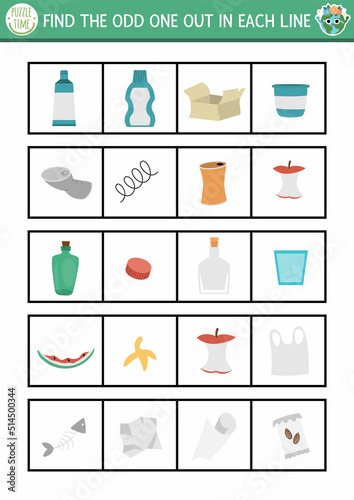 Find the odd one out. Ecological logical activity for children. Eco awareness zero waste educational quiz worksheet for kids for attention skills. Simple printable game with waste sorting concept.