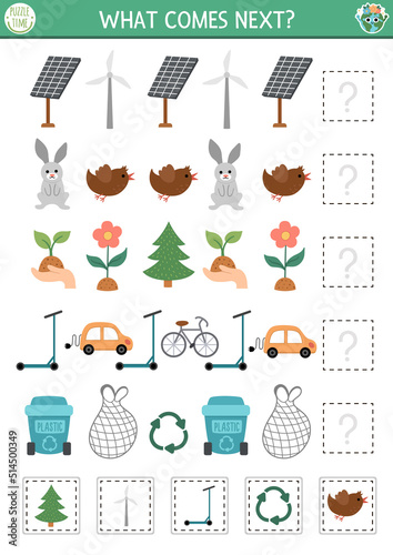What comes next. Ecological matching activity for preschool children with eco awareness symbols. Funny zero waste puzzle. Earth day logical worksheet. Continue the row game.