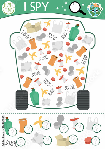 Ecological I spy game for kids. Searching and counting activity with garbage and rubbish bin. Earth day printable worksheet for preschool children. Simple zero waste or sorting spotting puzzle.