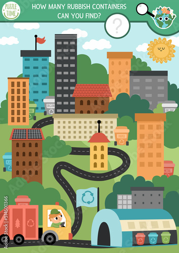 Vector ecological searching page with city landscape and rubbish bins. Spot hidden garbage in the picture. Simple zero waste seek and find printable activity for kids. Earth day game.
