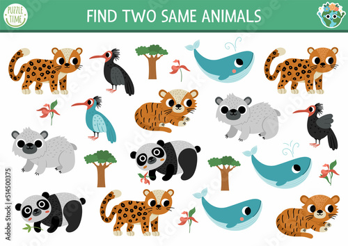 Find two same endangered animals. Ecological matching activity for children. Eco awareness educational quiz worksheet for kids for attention skills. Simple printable game.