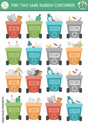 Find two same rubbish containers. Ecological matching activity for children. Eco awareness educational quiz worksheet for kids for attention skills. Zero waste simple printable game.