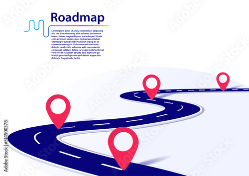Roadmap infographic with milestones. Business concept for project management or business journey. Vector illustration of a blue winding road on white background with red milestones. 
