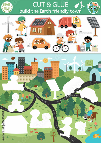 Vector ecological cut and glue activity. Crafting game with earth friendly town. Fun printable worksheet for children. Find the right piece of the puzzle. Earth day complete the picture page.
