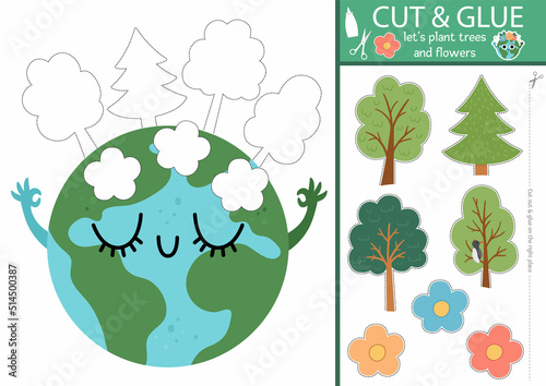 Vector ecological cut and glue activity. Crafting game with planet and trees. Fun printable worksheet for children. Find the right piece of the puzzle. Earth day complete the picture  © Lexi Claus