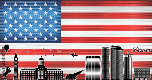 Denver city skyline with flag of USA on background - illustration, 
Shiny Grunge flag of the USA